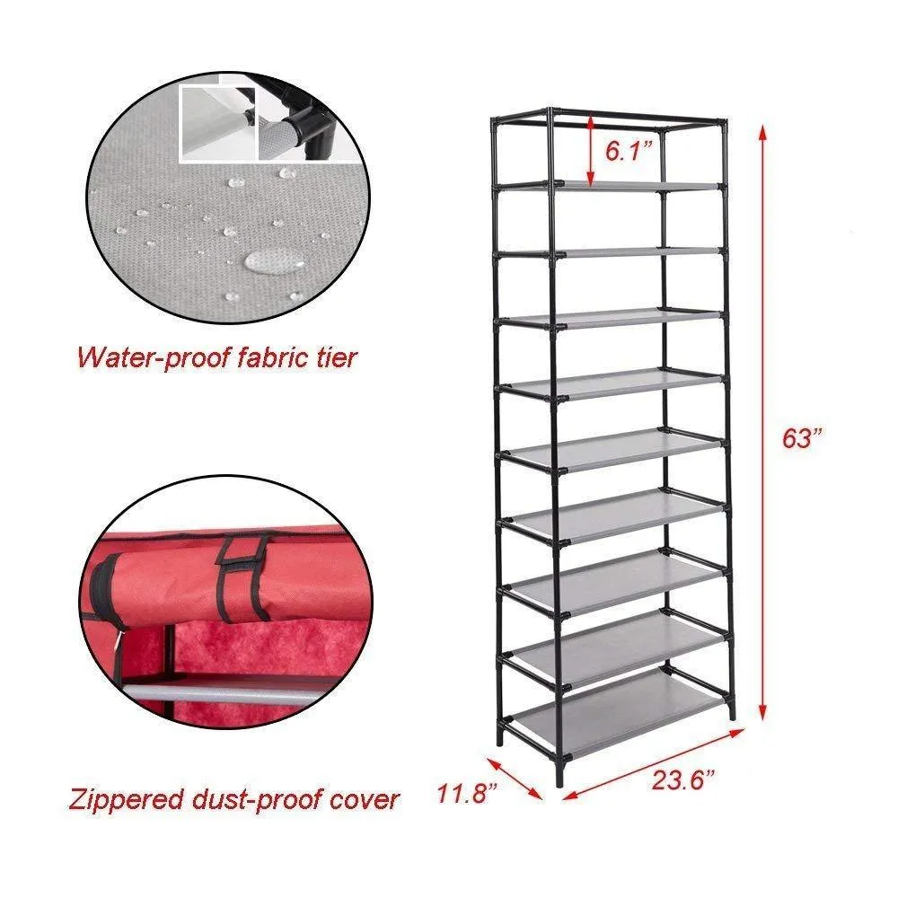 10 Tiers Shoe Rack with Dustproof Cover Shoes Storage Cabinet Boot Organizer Red