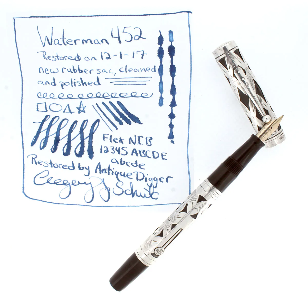 1920S WATERMAN 452 STERLING OVERLAY FOUNTAIN PEN XF to BBB FLEX NIB RESTORED