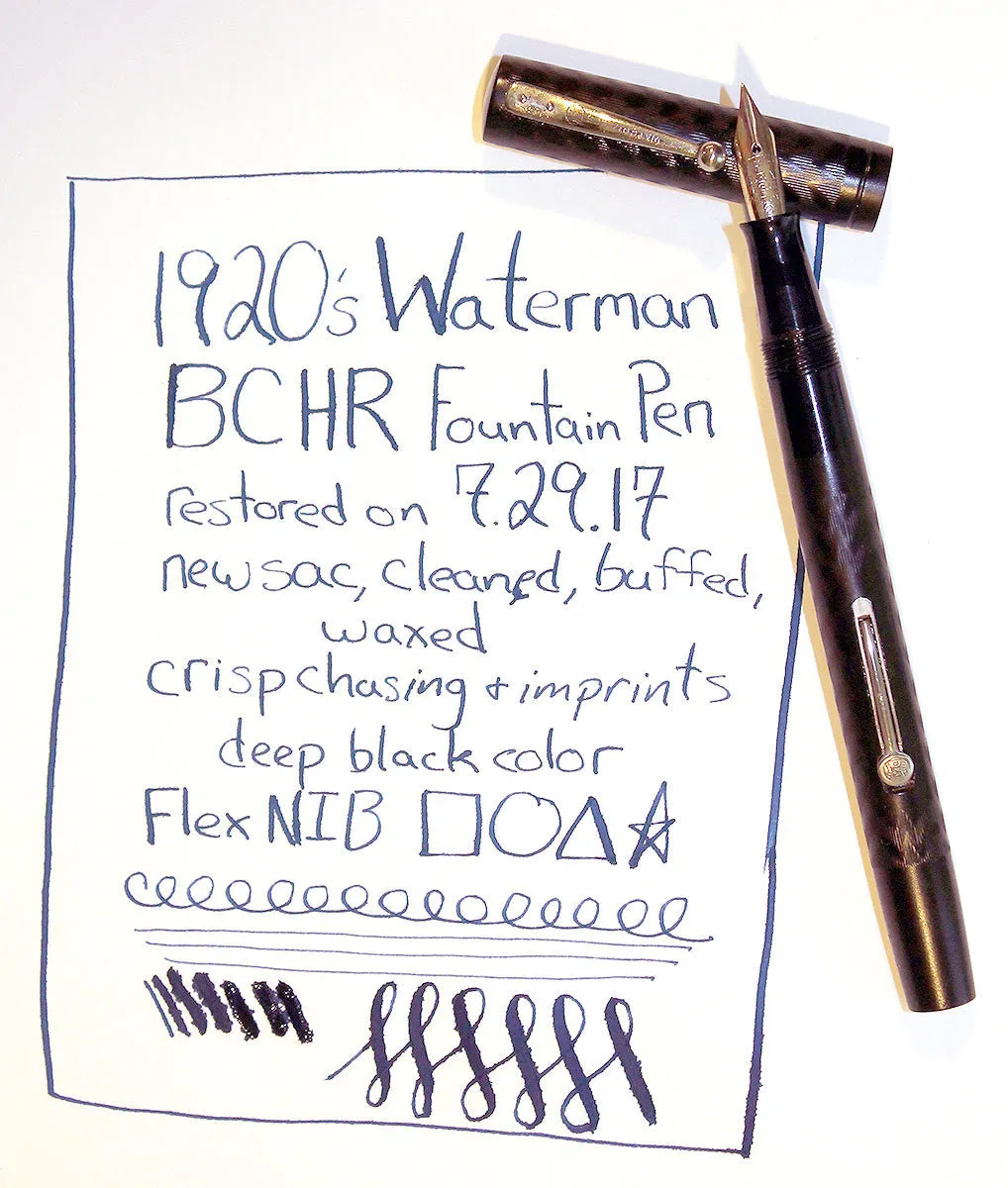 1920s WATERMAN 52 BCHR FOUNTAIN PEN NICKEL TRIM XF to BBB  FLEX NIB RESTORED