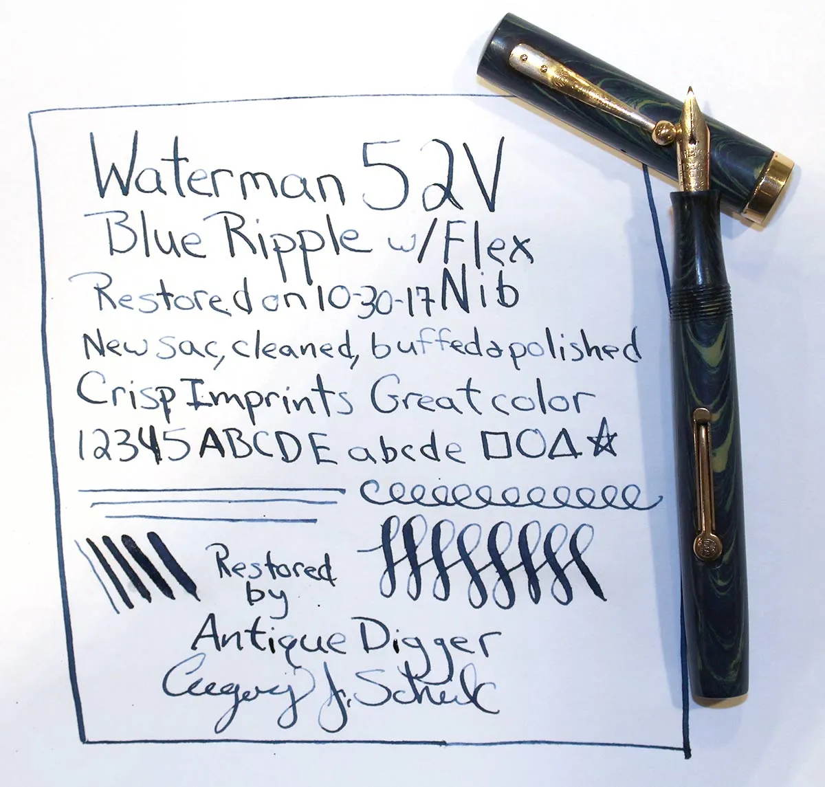 1920s WATERMAN 52V BLUE RIPPLE FOUNTAIN PEN WITH XF to BBB FLEXIBLE NIB IN RESTORED CONDITION