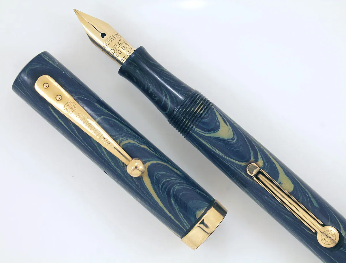 1920s WATERMAN 52V BLUE RIPPLE FOUNTAIN PEN WITH XF to BBB FLEXIBLE NIB IN RESTORED CONDITION