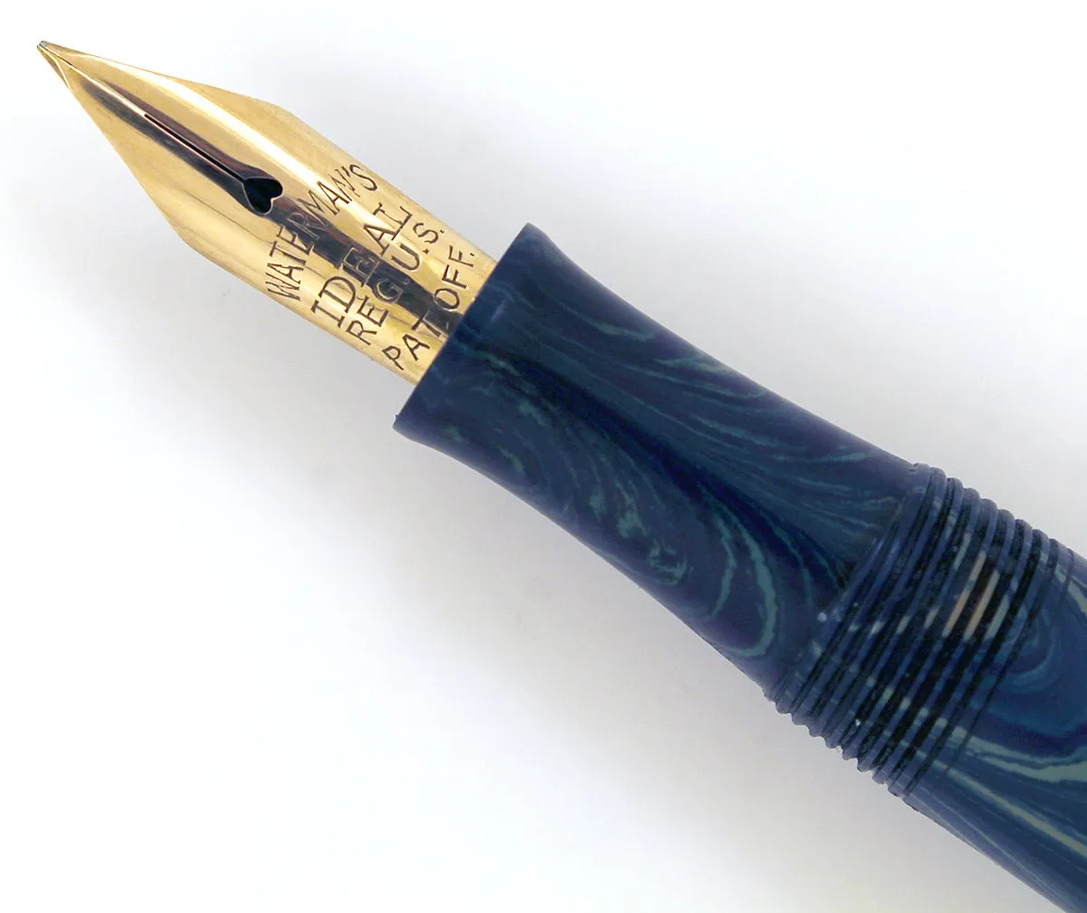 1920s WATERMAN 52V BLUE RIPPLE FOUNTAIN PEN WITH XF to BBB FLEXIBLE NIB IN RESTORED CONDITION