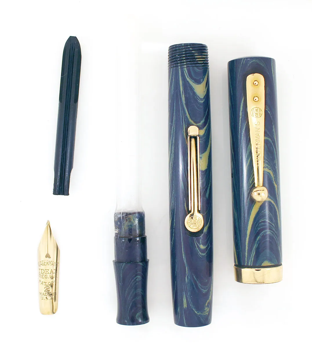 1920s WATERMAN 52V BLUE RIPPLE FOUNTAIN PEN WITH XF to BBB FLEXIBLE NIB IN RESTORED CONDITION