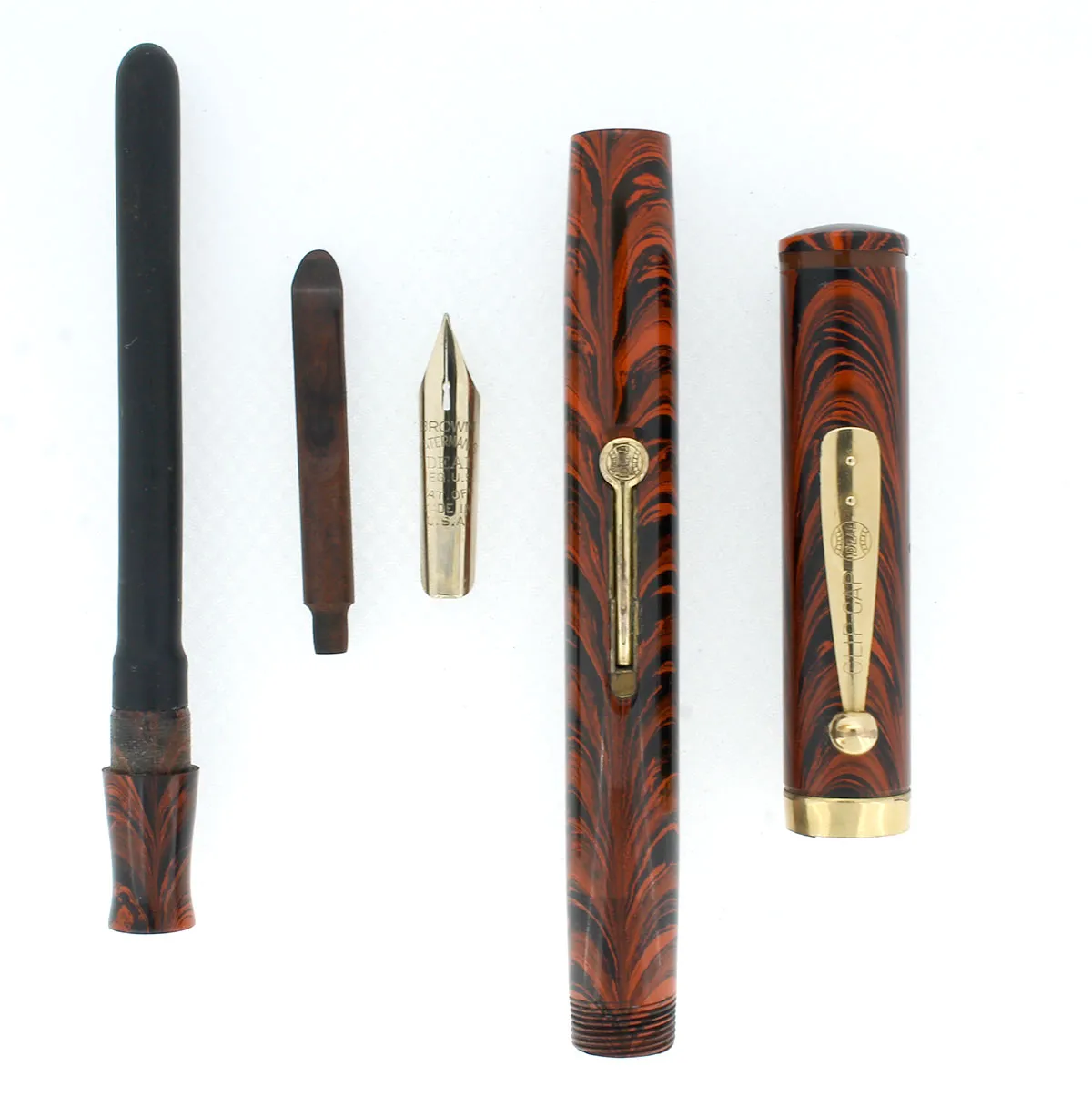 1920S WATERMAN #7 RED RIPPLE BROWN CAP BAND & KEYHOLE NIB FOUNTAIN PEN RESTORED
