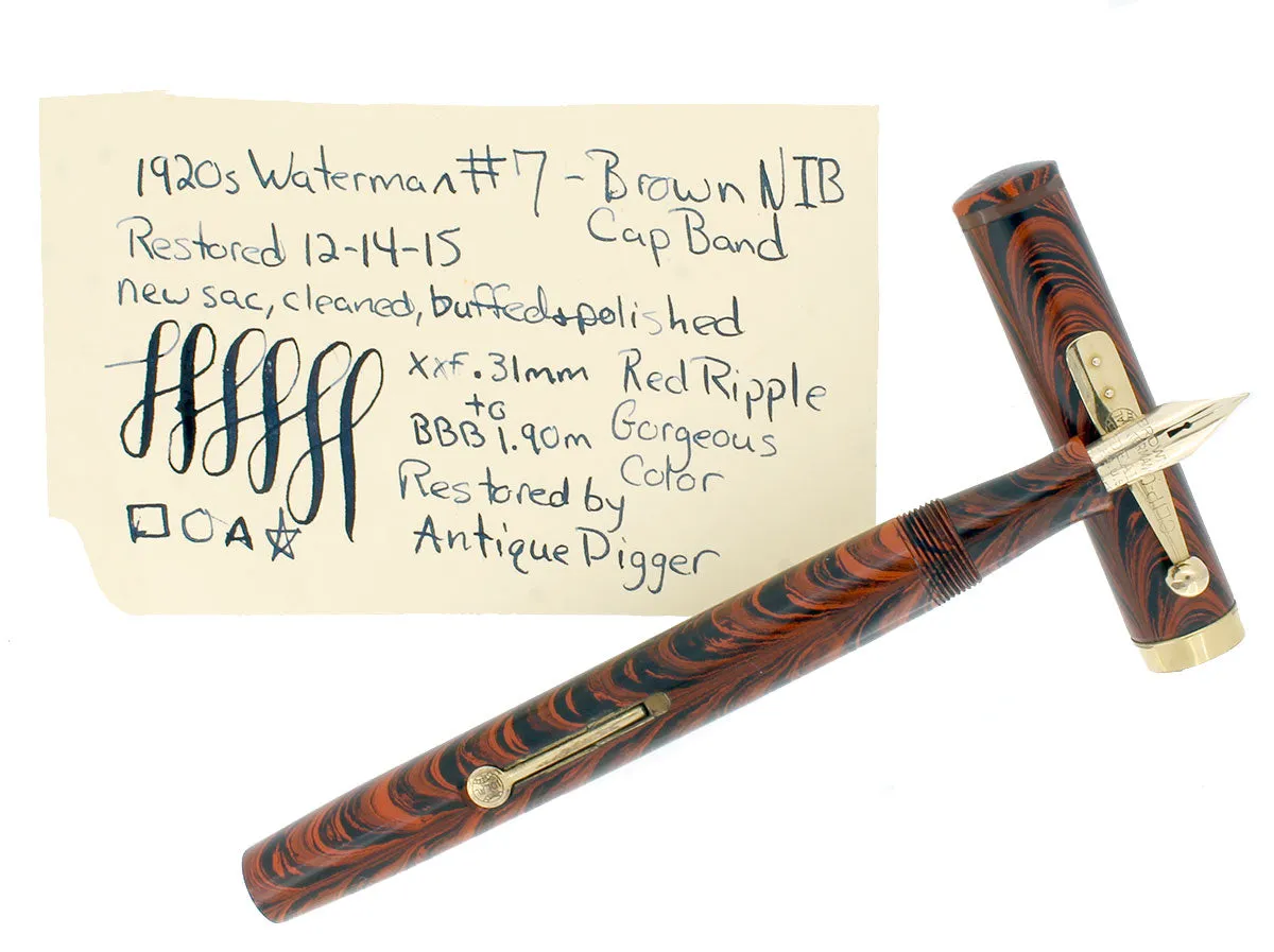 1920S WATERMAN #7 RED RIPPLE BROWN CAP BAND & KEYHOLE NIB FOUNTAIN PEN RESTORED