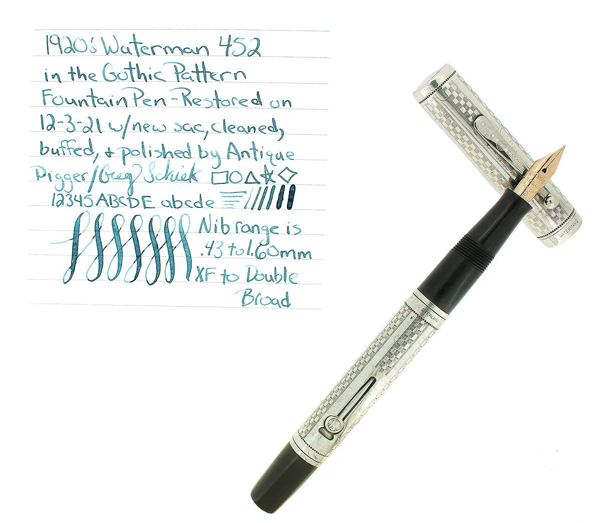 1920S WATERMAN STERLING GOTHIC 452 OVERLAY FOUNTAIN PEN XF-BB FLEX NIB RESTORED