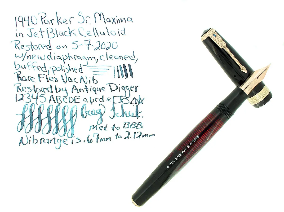 1940 PARKER JET BLACK SENIOR MAXIMA VACUMATIC M-BBB 2.12MM FLEX NIB RESTORED