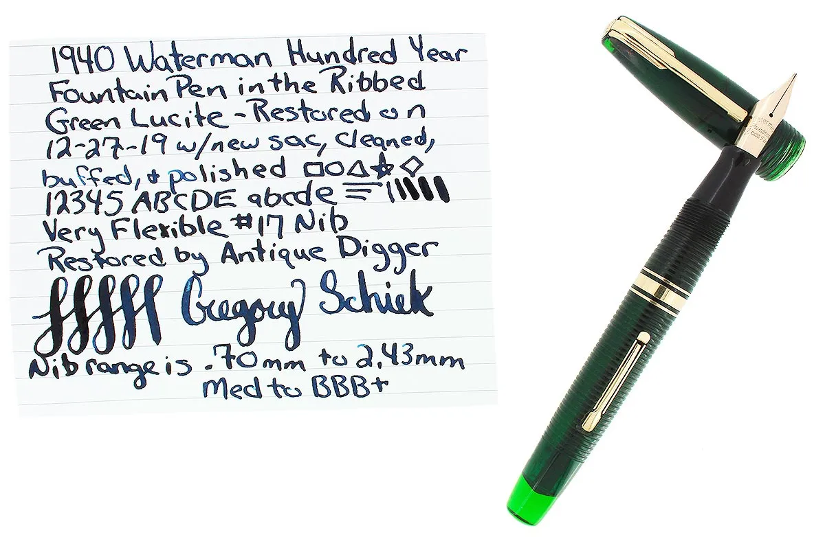 1940 TRANSPARENT GREEN WATERMAN 100 HUNDRED YEAR FOUNTAIN PEN M-BBB  FLEX NIB RESTORED