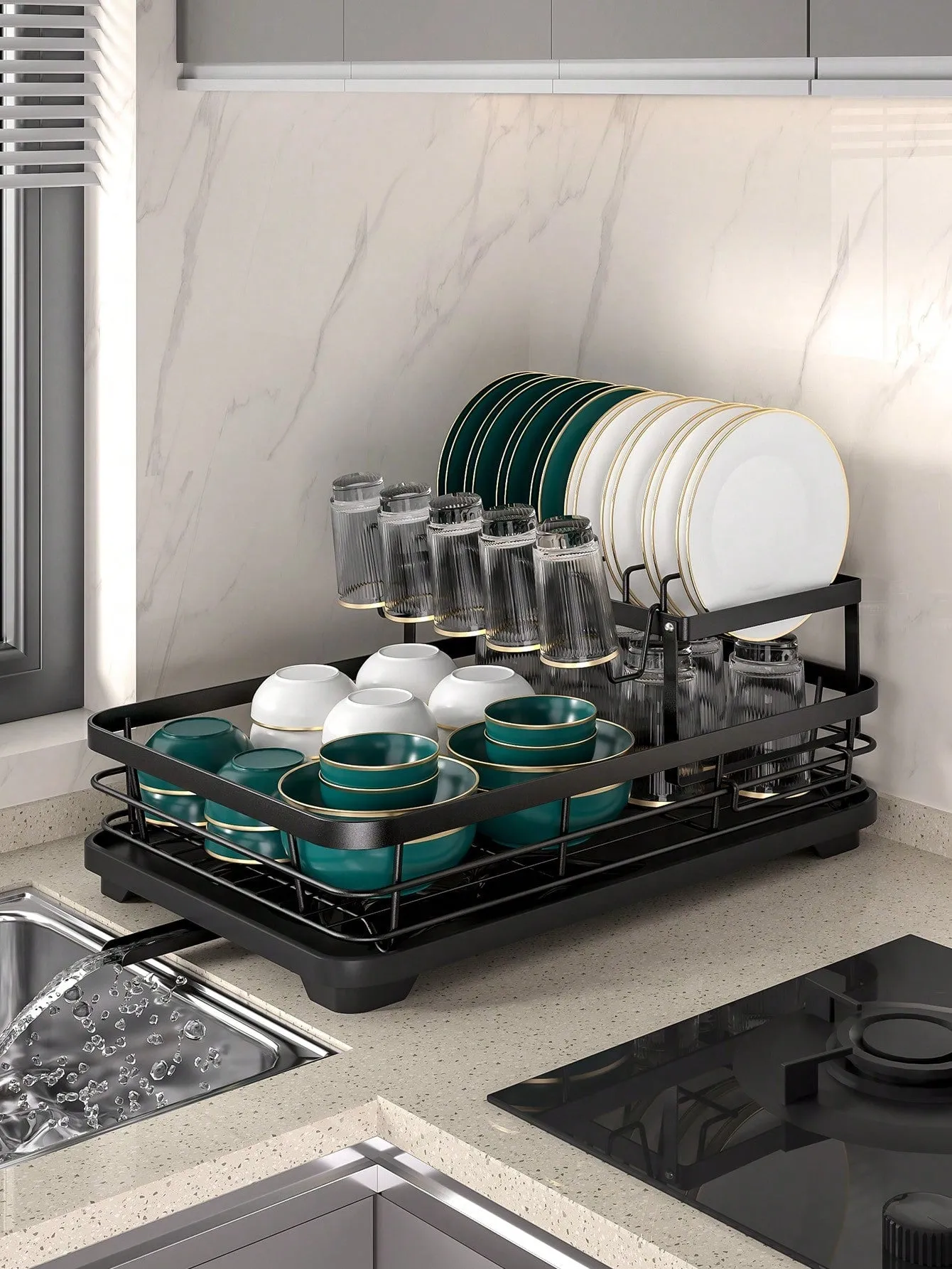 2-Tier Dish Rack with Drain Board & Utensil Organizer – Efficiently Dry & Organize Your Kitchen Essentials!