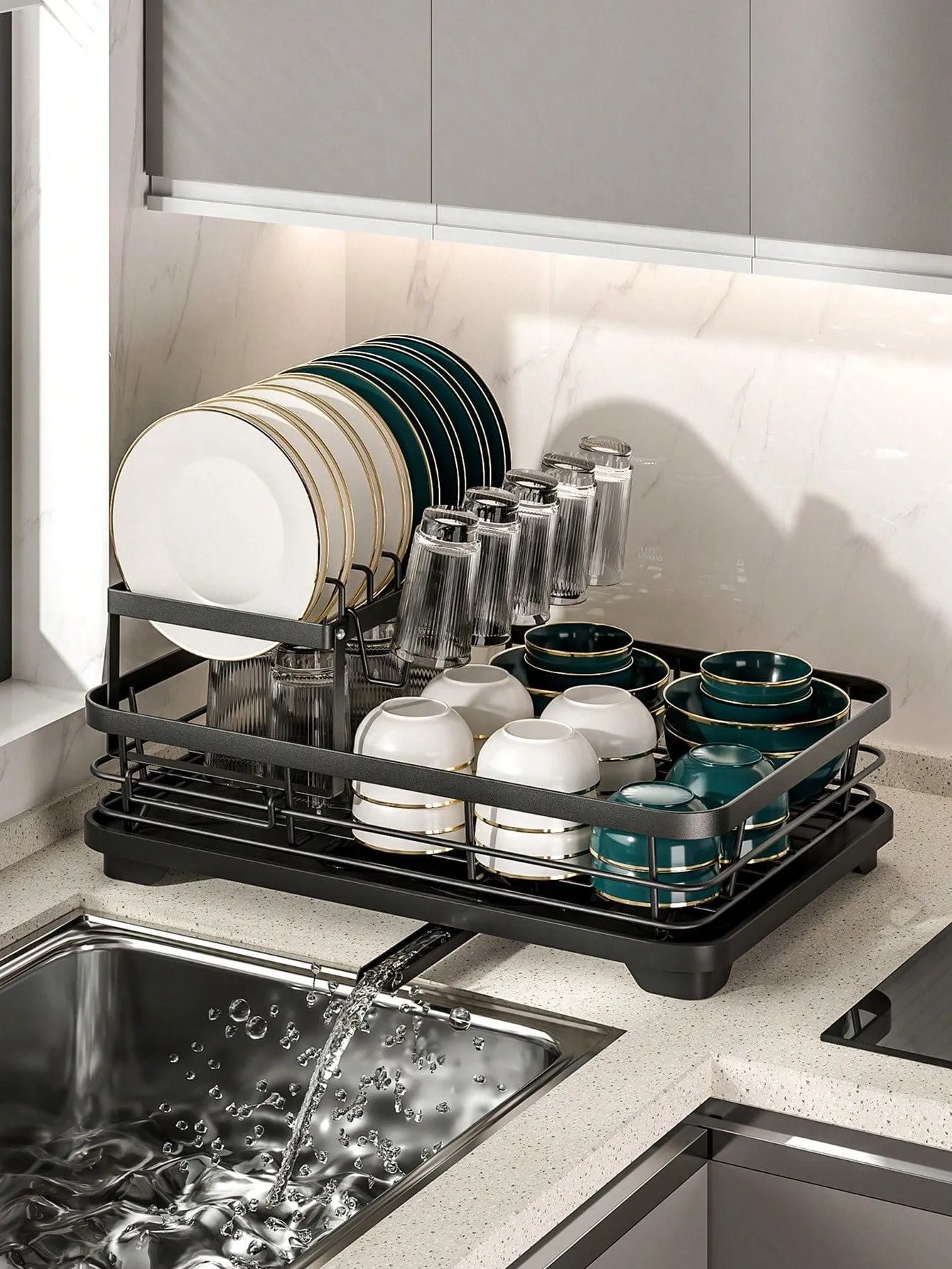 2-Tier Dish Rack with Drain Board & Utensil Organizer – Efficiently Dry & Organize Your Kitchen Essentials!