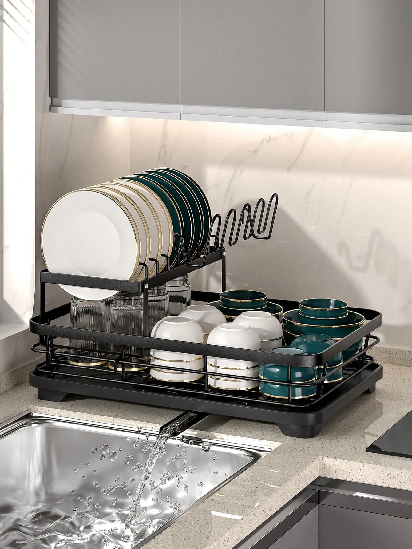 2-Tier Dish Rack with Drain Board & Utensil Organizer – Efficiently Dry & Organize Your Kitchen Essentials!