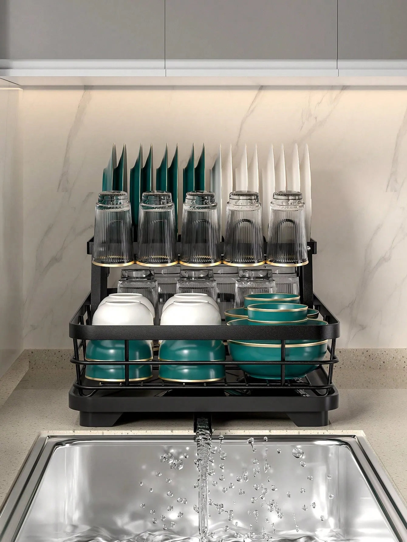 2-Tier Dish Rack with Drain Board & Utensil Organizer – Efficiently Dry & Organize Your Kitchen Essentials!