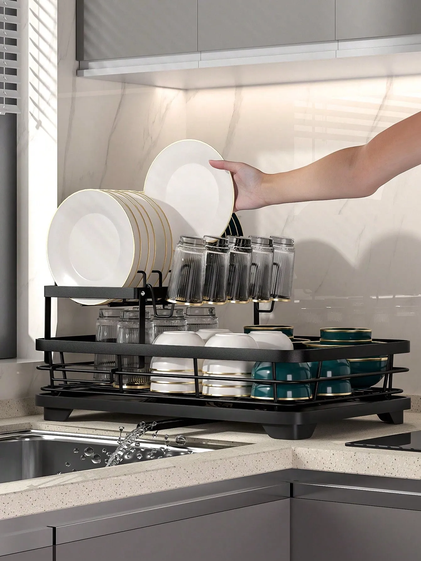 2-Tier Dish Rack with Drain Board & Utensil Organizer – Efficiently Dry & Organize Your Kitchen Essentials!