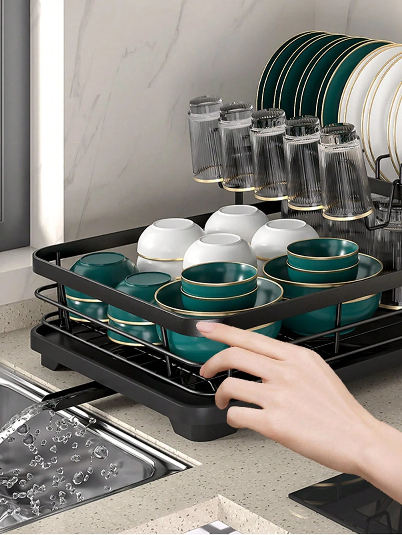 2-Tier Dish Rack with Drain Board & Utensil Organizer – Efficiently Dry & Organize Your Kitchen Essentials!