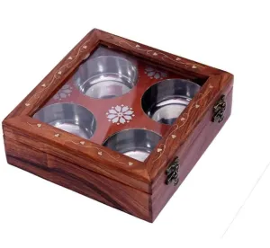 4 Pot ss wooden dry fruit box with Steel Cups