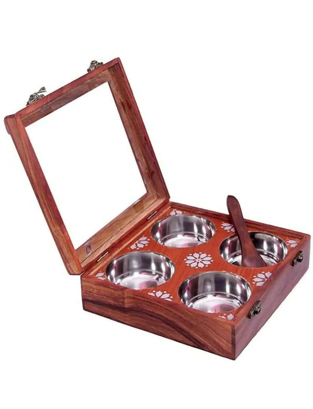 4 Pot ss wooden dry fruit box with Steel Cups