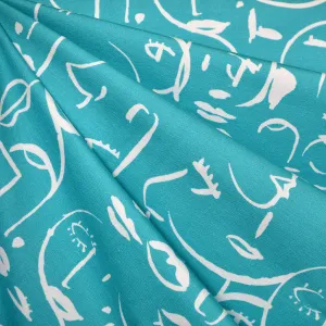 Abstract Brushstroke Faces Cotton Jersey Knit Turquoise/WhIte