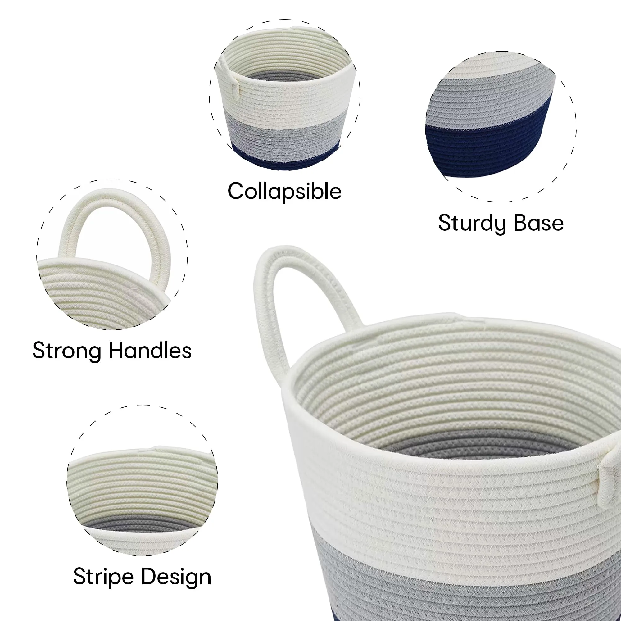 Anko Stripe Rope Basket (Medium) | Laundry Basket |Woven Household Organiser Unit| Cotton Rope Laundry Basket |Multipurpose Storage Organiser for Wardrobe/Bathroom/Home/Kitchen