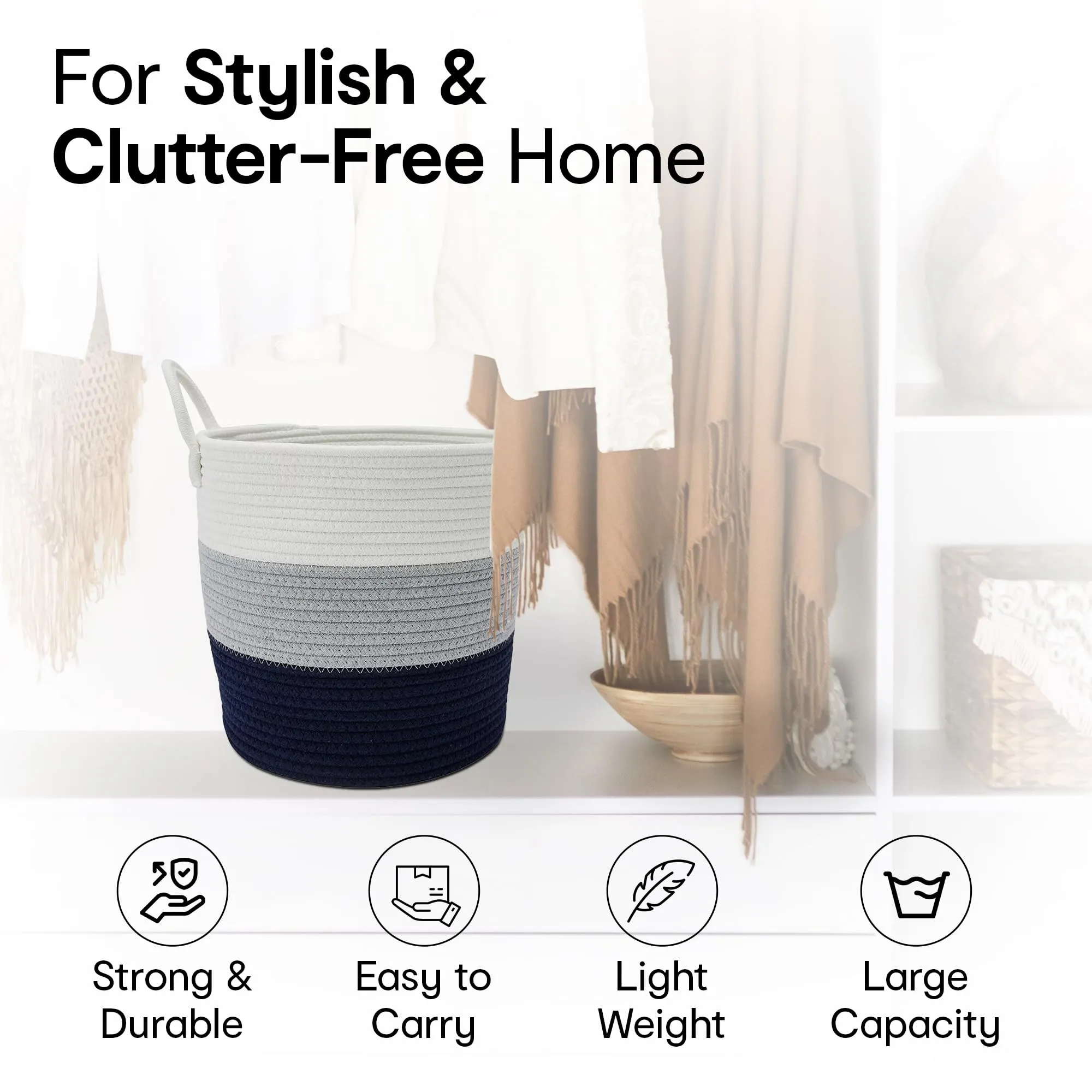 Anko Stripe Rope Basket (Medium) | Laundry Basket |Woven Household Organiser Unit| Cotton Rope Laundry Basket |Multipurpose Storage Organiser for Wardrobe/Bathroom/Home/Kitchen