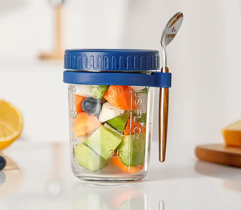 Ash & Roh Overnight Oats Containers with Lids and Spoons 350 ml Glass Mason Jars for Overnight Oats Leak Proof Oatmeal Container Great for Cereal Fruit Vegetable Milk Salad Yogurt (Blue 2)