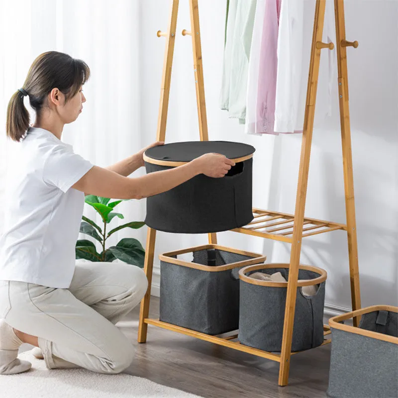 Bamboo-framed Large Laundry Hamper with Lid Cylinder Black