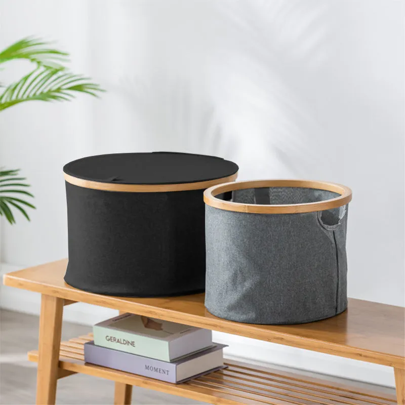 Bamboo-framed Large Laundry Hamper with Lid Cylinder Black