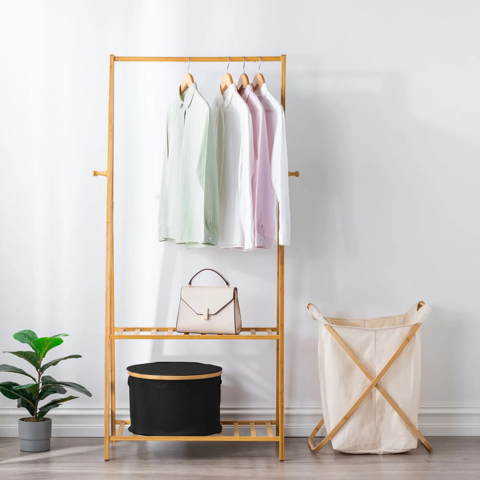 Bamboo-framed Large Laundry Hamper with Lid Cylinder Black