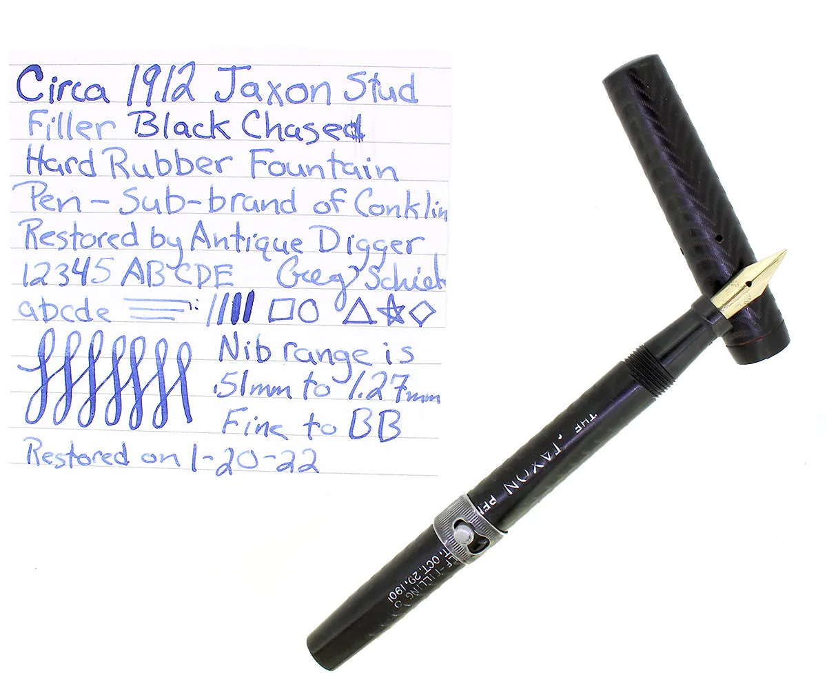C1912 JAXON BLACK CHASED HARD RUBBER STUD FILLER FOUNTAIN PEN RESTORED