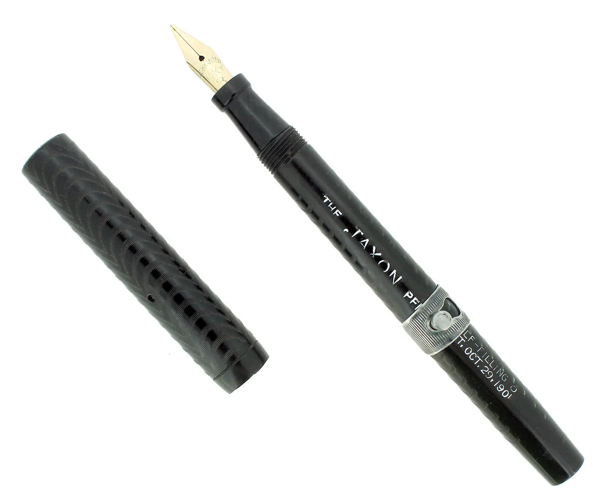 C1912 JAXON BLACK CHASED HARD RUBBER STUD FILLER FOUNTAIN PEN RESTORED