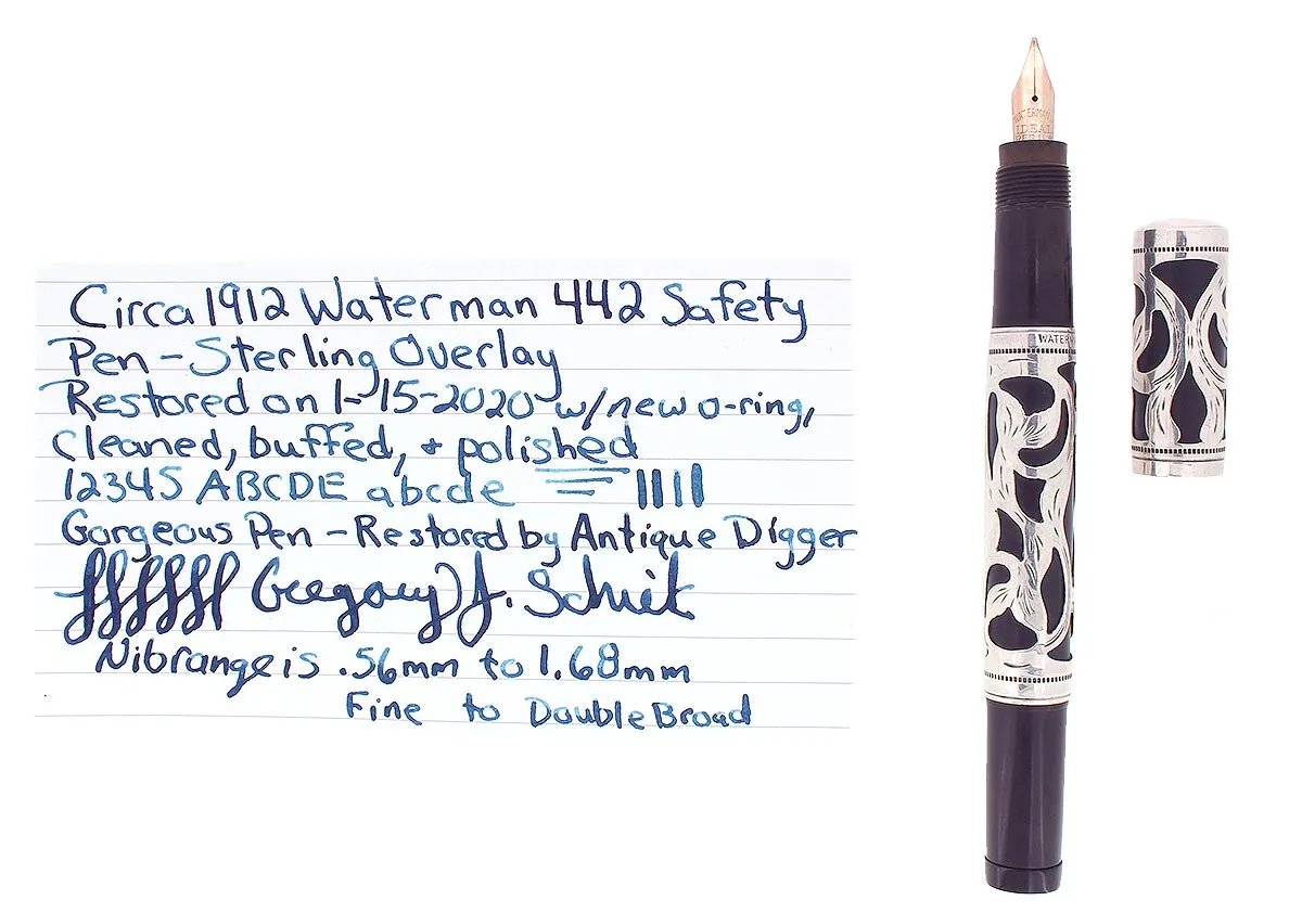 C1912 WATERMAN 442 SAFETY STERLING TREFOIL VINE PATTERN FOUNTAIN PEN RESTORED