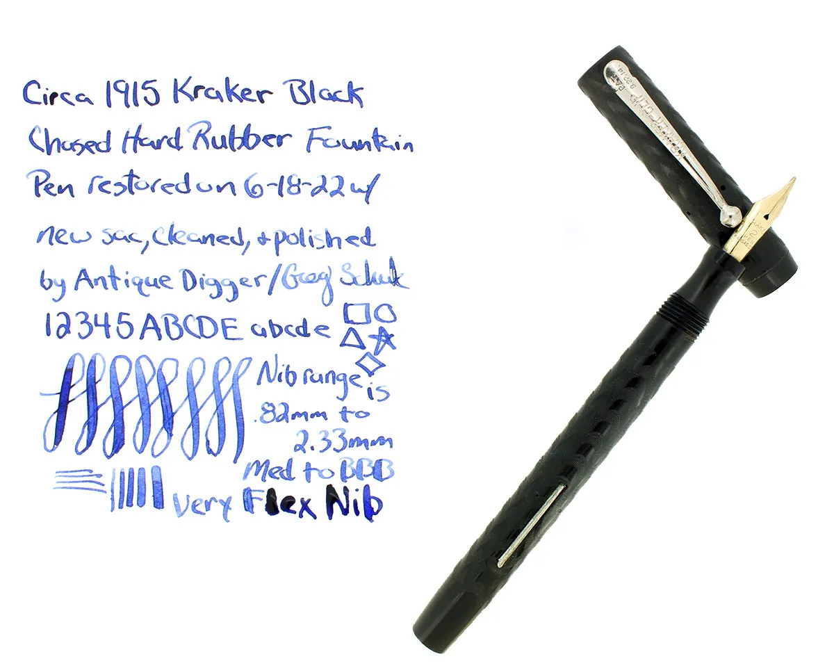 C1915 KRAKER BLACK CHASED HARD RUBBER FILLER FOUNTAIN PEN RESTORED NEAR MINT