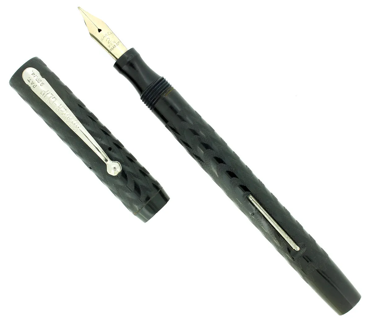 C1915 KRAKER BLACK CHASED HARD RUBBER FILLER FOUNTAIN PEN RESTORED NEAR MINT