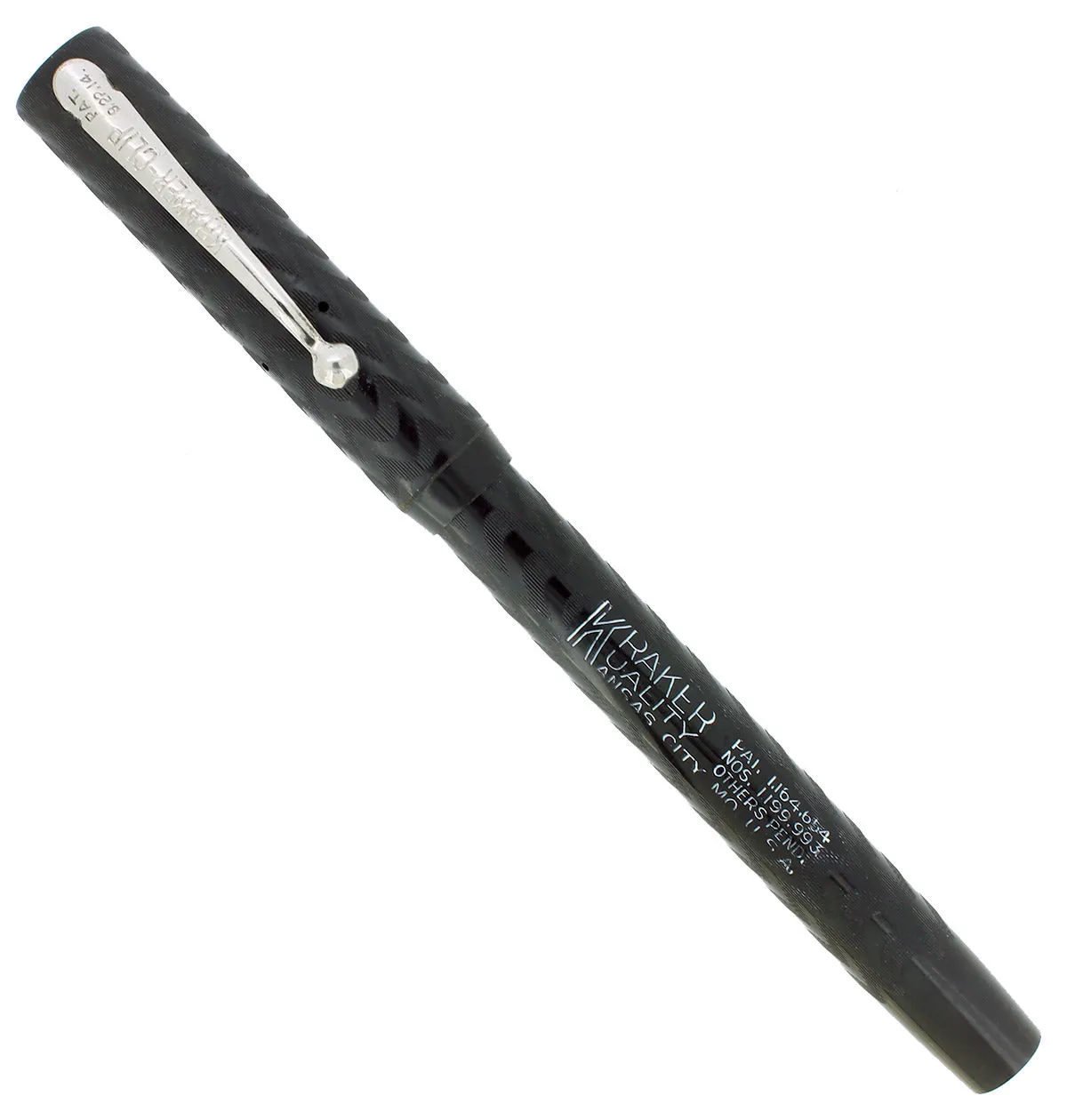 C1915 KRAKER BLACK CHASED HARD RUBBER FILLER FOUNTAIN PEN RESTORED NEAR MINT