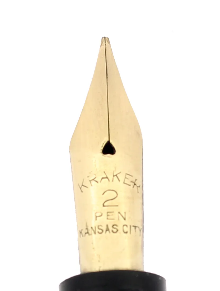 C1915 KRAKER BLACK CHASED HARD RUBBER FILLER FOUNTAIN PEN RESTORED NEAR MINT