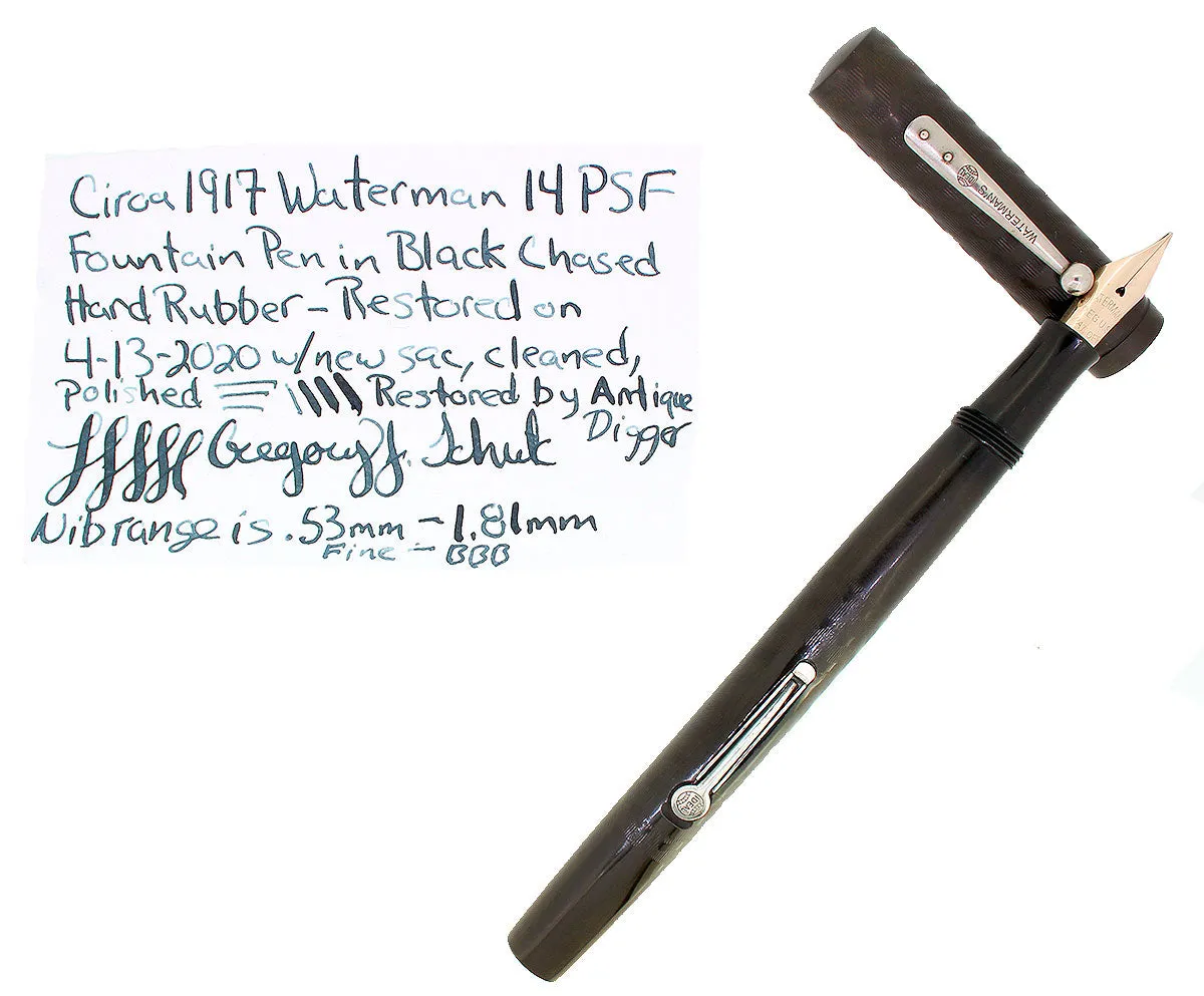 C1915 WATERMAN 14 PSF BLACK CHASED HARD RUBBER FOUNTAIN PEN RESTORED EXCELLENT