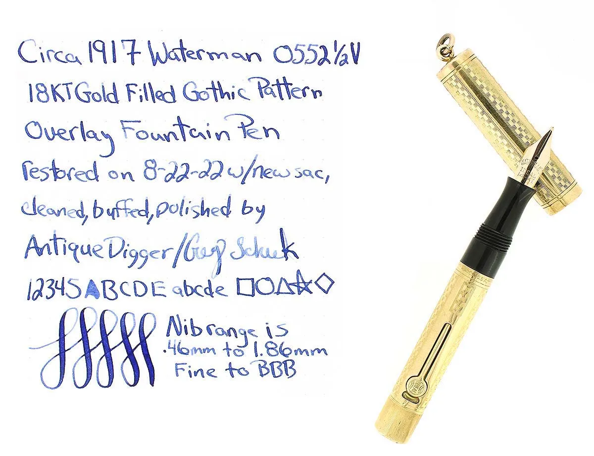 C1917 WATERMAN GOTHIC 0552 1/2V F-BBB FLEX NIB FOUNTAIN PEN RESTORED