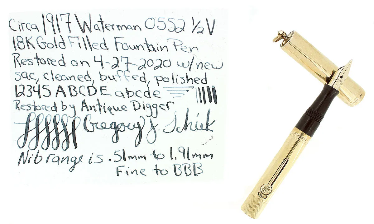 C1917 WATERMAN SMOOTH 18K GOLD FILLED 0552 1/2V F-BBB NIB FOUNTAIN PEN RESTORED