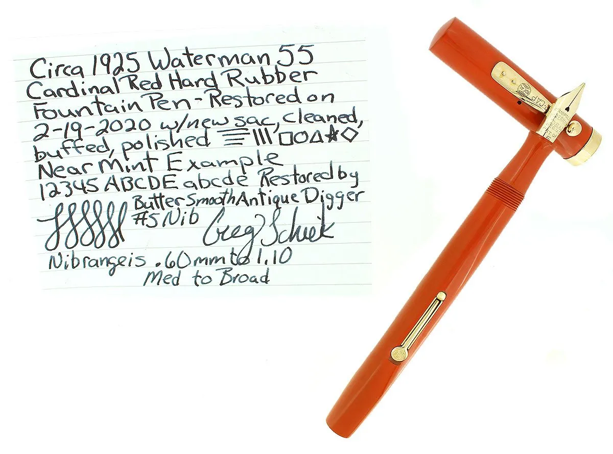 C1925 WATERMAN #55 CARDINAL RED HARD RUBBER FOUNTAIN PEN NIB NEAR MINT RESTORED