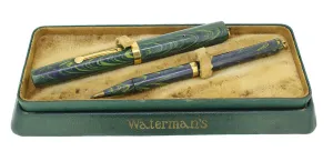 C1928 WATERMAN BLUE RIPPLE 52V FOUNTAIN PEN AND PENCIL SET XF - BBB NIB RESTORED