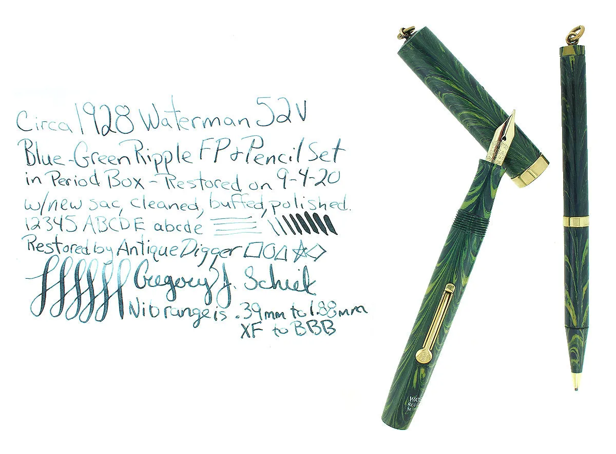 C1928 WATERMAN BLUE RIPPLE 52V FOUNTAIN PEN AND PENCIL SET XF - BBB NIB RESTORED