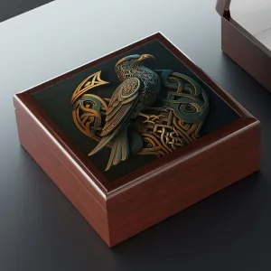 Celtic Knot Eagle Wooden Keepsake Jewelry Box with Ceramic Tile Cover