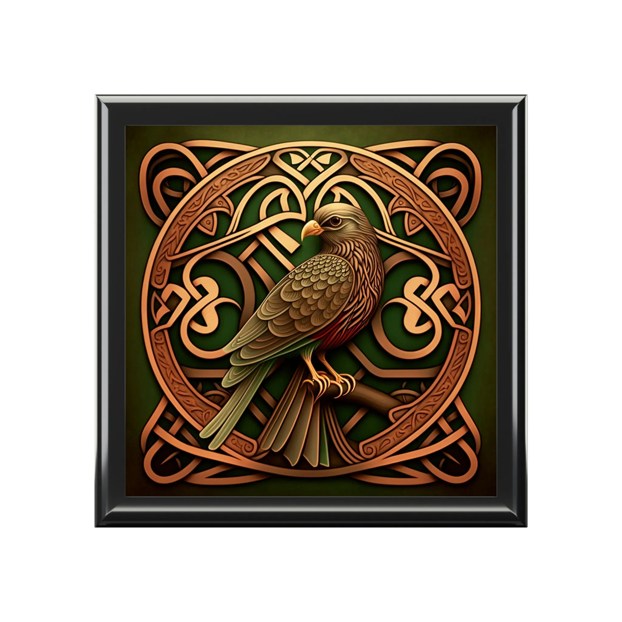 Celtic Knotwork Hawk Wooden Keepsake Jewelry Box with Ceramic Tile Cover