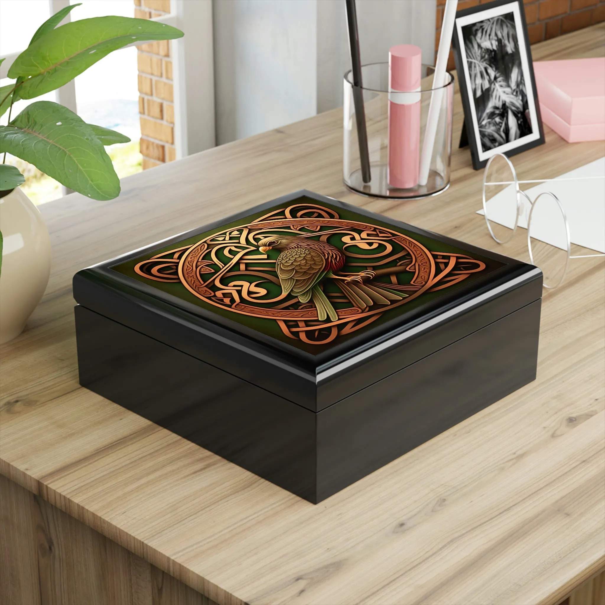 Celtic Knotwork Hawk Wooden Keepsake Jewelry Box with Ceramic Tile Cover