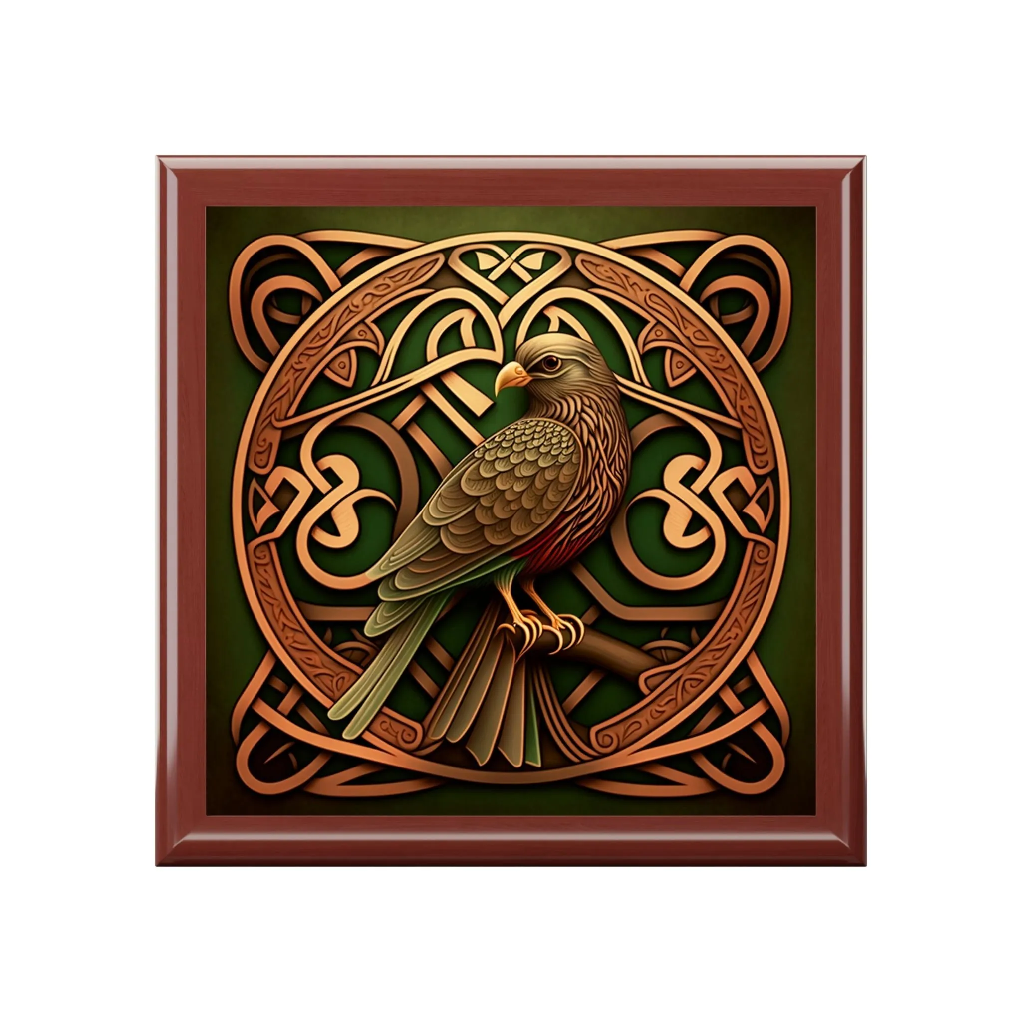 Celtic Knotwork Hawk Wooden Keepsake Jewelry Box with Ceramic Tile Cover