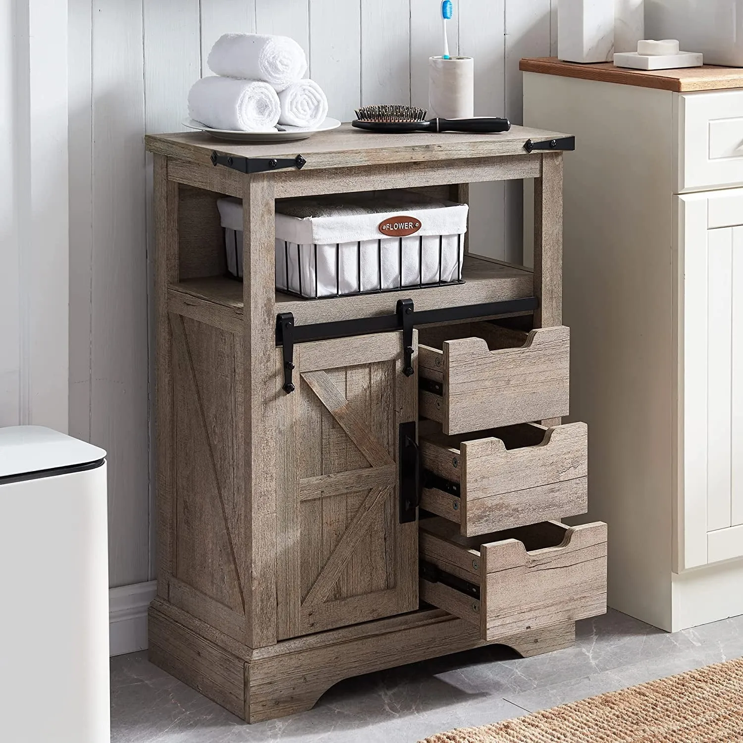classic Farmhouse Bathroom Storage Cabinet with 3 Drawers and Adjustable Shelves Wooden Rustic Accent Entryway Cupboard, Antique White