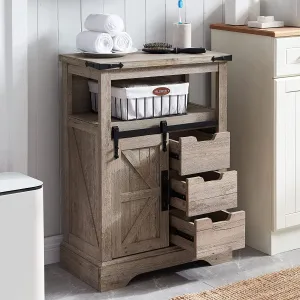 classic Farmhouse Bathroom Storage Cabinet with 3 Drawers and Adjustable Shelves Wooden Rustic Accent Entryway Cupboard, Antique White