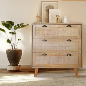 essential 3-Drawer Dresser & Bedside Table for Bedroom and Living Room, Rattan