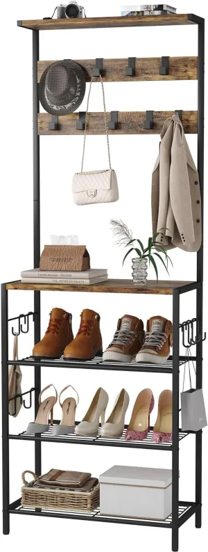 everyday 5-Tier Hall Tree with Shoe Storage, Coat and Shoe Rack Entryway, Freestanding 4-Tier Shoe Rack Storage for Hallway, Bedroom, Dorm, Entryway,Rustic Brown