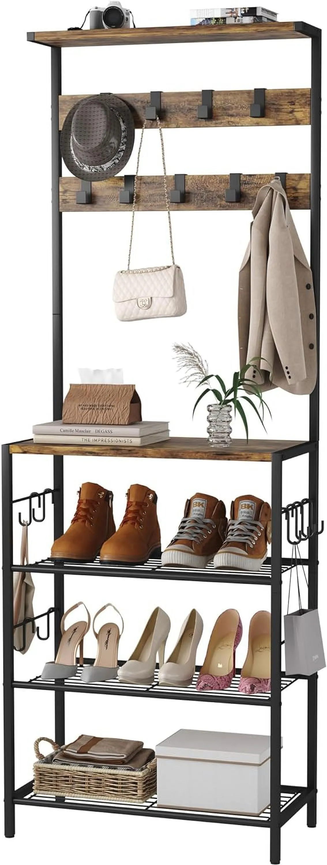 everyday 5-Tier Hall Tree with Shoe Storage, Coat and Shoe Rack Entryway, Freestanding 4-Tier Shoe Rack Storage for Hallway, Bedroom, Dorm, Entryway,Rustic Brown