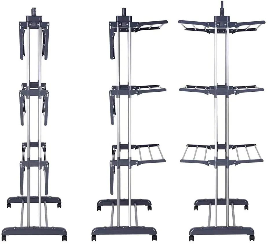 Foldable 3 Tier Stainless Steel Clothes Drying Rack with Hangers